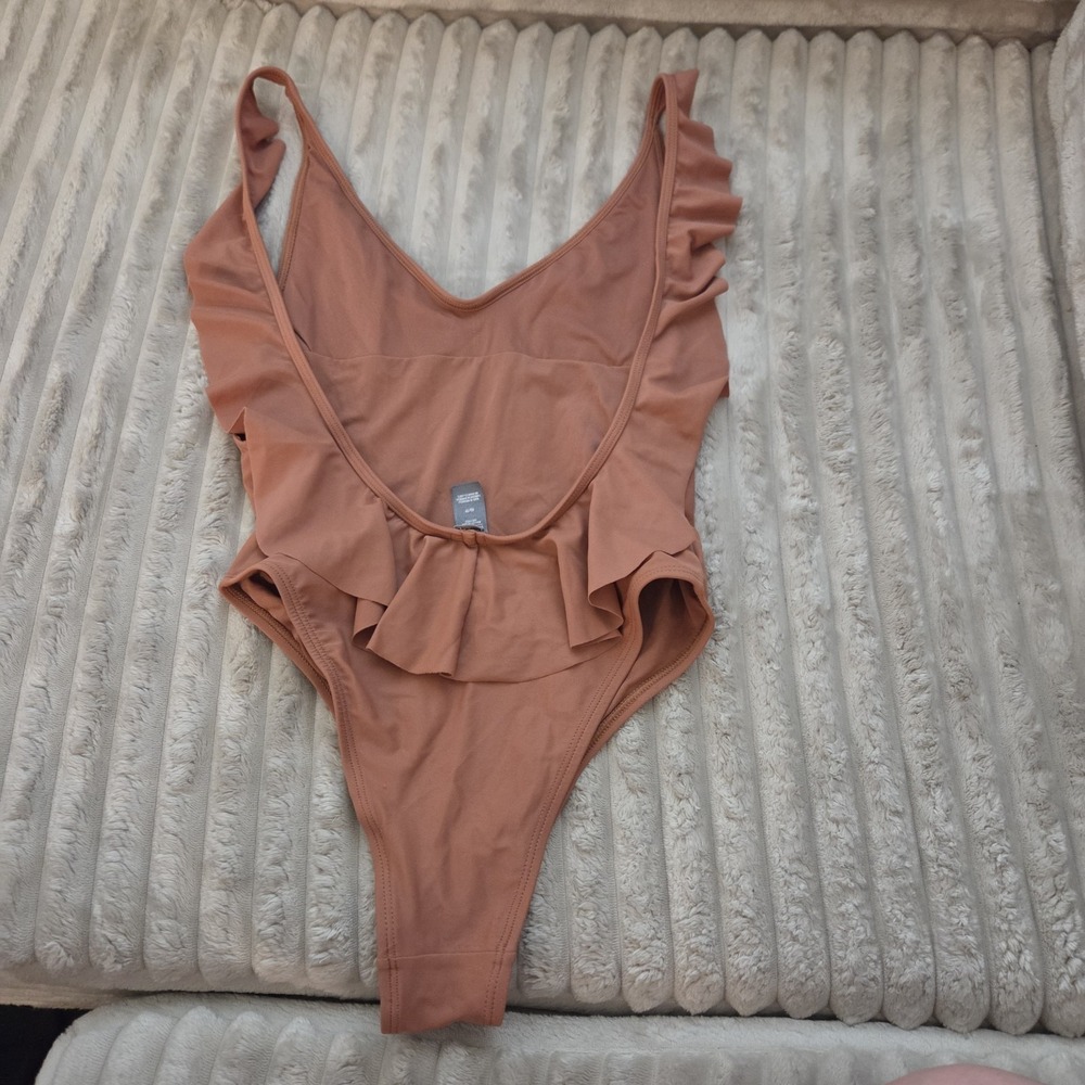 Aerie Ruffle Shoulder Deep V One Piece Swimsuit Coral Terracotta Orange XS - Picture 7 of 10